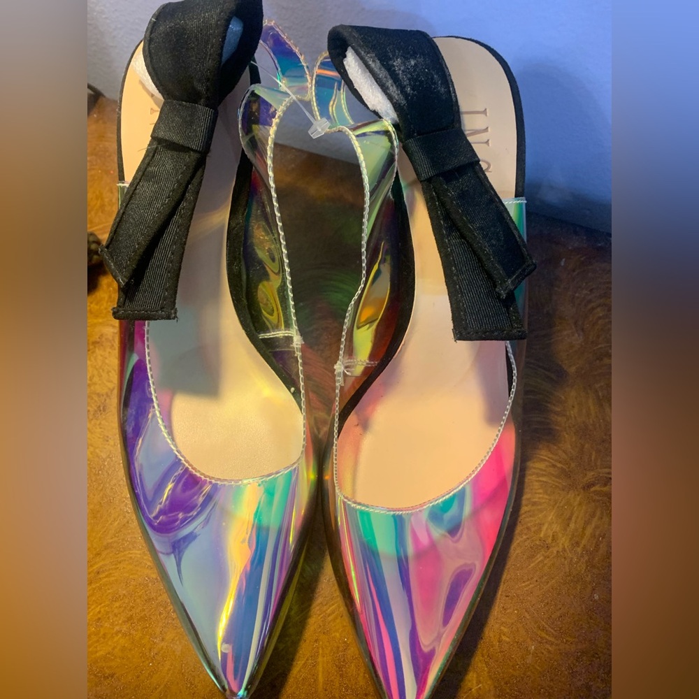 INC International Concepts holographic Heels/pumps with Black Bow prom /wedding